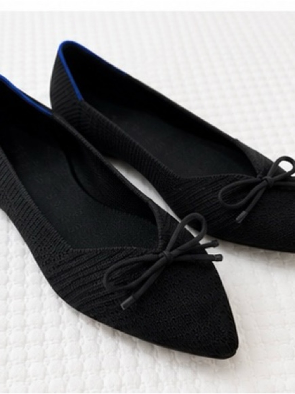 Rothy's Black Pointed Knit Flats with Bow Accent